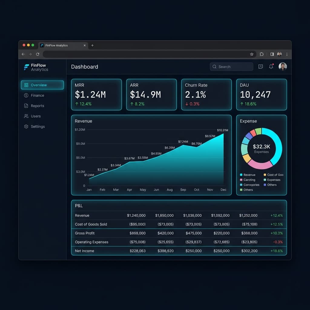 FinFlow Analytics Dashboard showing real-time P&L, MRR/ARR metrics, expense breakdown, and user activity